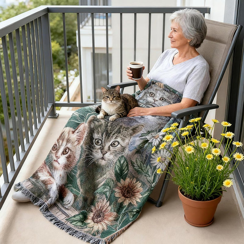 EZ.enjoy Garden Cat Flower Woven Tapestry Throw Blanket Wall Hanging Art Handicrafts Jacquard Multipurpose Soft Travel Mat Outdoor with Fringe Tassels 50 X 60 Inches - Image 3